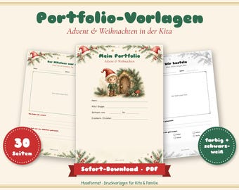 Peut inclure: Un ensemble de modèles de portfolio imprimables intitulés Portfolio-Vorlagen Advent & Weihnachten in der Kita avec des illustrations de Noël représentant un elfe, des branches de pin et des bonnets de Père Noël. Les pages incluent des champs pour les noms, les dates et les activités, avec un badge rouge indiquant 30 Seiten et un badge vert indiquant farbig + schwarz-weiß.