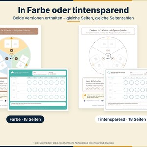 May include: Two sets of printable planning sheets featuring a color version and a black-and-white ink-saving version. Each set includes a circular task wheel for three children and a weekly schedule with checkboxes, totaling 18 pages per set.
