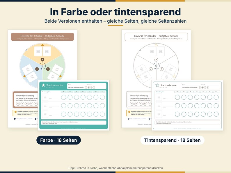 May include: Two sets of printable planning sheets featuring a color version and a black-and-white ink-saving version. Each set includes a circular task wheel for three children and a weekly schedule with checkboxes, totaling 18 pages per set.