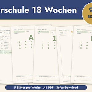 Op de afbeelding: Een set educatieve werkbladen getiteld Vorschule 18 Wochen met 90 Blätter. De pagina's bevatten oefeningen voor de letters A en D, het cijfer 1 en eenvoudige curven, met instructies in het Duits en rijen met tekens om over te trekken.