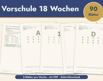 May include: A set of educational worksheets titled Vorschule 18 Wochen with 90 Blätter. The pages feature practice exercises for letters A and D, the number 1, and simple curves, with instructions in German and rows of characters for tracing.