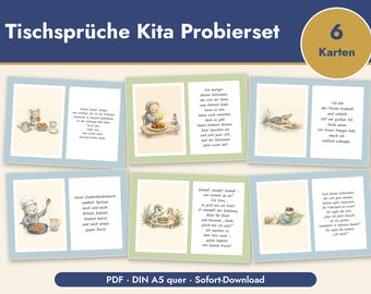 May include: A set of six rectangular cards titled Tischsprüche Kita Probierset, featuring illustrations of animals like a mouse, astronaut bear, crocodile, chef bear, dinosaur, and snails, each paired with German mealtime rhymes.