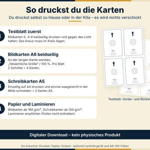 K&ouml;nnte beinhalten: Eine Anleitung mit dem Titel So druckst du die Karten mit vier nummerierten Schritten zum Ausdrucken von Karten. Sie enth&auml;lt deutschen Text, Diagramme von A6- und A5-Kartenlayouts mit Pfeilen und Fadenkreuzen sowie einen Hinweis zum Download.
