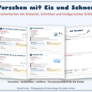 Op de afbeelding: Een set educatieve werkbladen getiteld Forschen mit Eis und Schnee, met acht onderzoekskaarten inclusief instructies, materiaallijsten en observatielogboeken voor kinderen om wetenschappelijke experimenten met ijs en sneeuw te verkennen.
