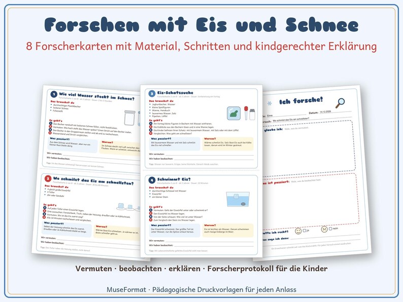 Op de afbeelding: Een set educatieve werkbladen getiteld Forschen mit Eis und Schnee, met acht onderzoekskaarten inclusief instructies, materiaallijsten en observatielogboeken voor kinderen om wetenschappelijke experimenten met ijs en sneeuw te verkennen.