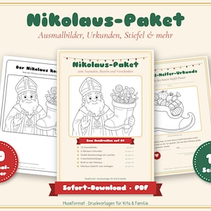 May include: A digital printable Nikolaus-Paket PDF featuring 19 pages of coloring sheets, certificates, and boot templates. The pages display line art of Saint Nicholas holding a boot filled with sweets, with text in German throughout.