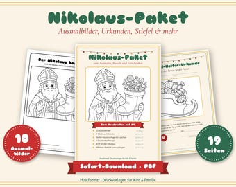 May include: A digital printable Nikolaus-Paket PDF featuring 19 pages of coloring sheets, certificates, and boot templates. The pages display line art of Saint Nicholas holding a boot filled with sweets, with text in German throughout.
