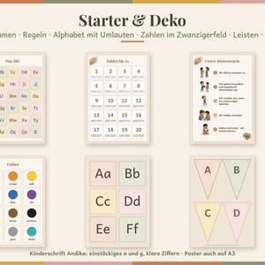 May include: A collection of educational posters titled Starter & Deko featuring the alphabet, numbers up to 20, classroom rules, colours, and lettered bunting. The designs use soft pastel backgrounds with clear black text and illustrations.