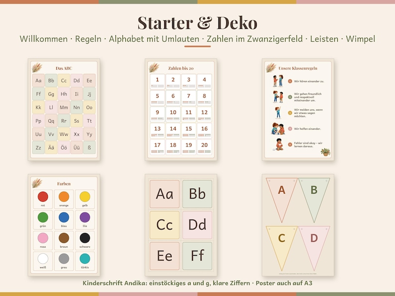 May include: A collection of educational posters titled Starter & Deko featuring the alphabet, numbers up to 20, classroom rules, colours, and lettered bunting. The designs use soft pastel backgrounds with clear black text and illustrations.