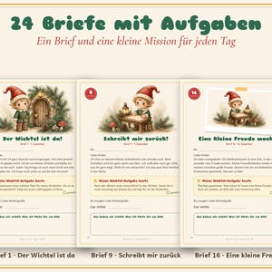 以下が含まれることがあります： クリスマスエルフのイラストが描かれた24通の手紙セット。各ページには番号付きの円、お祝いのグラフィック、および「24 Briefe mit Aufgaben」、「Der Wichtel ist da」、「Schreibt mir zur&uuml;ck」、「Eine kleine Freude machen」などのドイツ語テキストが含まれています。