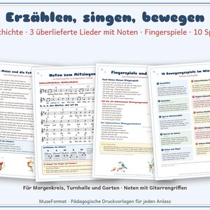 Op de afbeelding: Vier educatieve werkbladen getiteld Erz&auml;hlen, singen, bewegen met winterverhalen, liedjes met bladmuziek en gitaarakkoorden, vingerliedjes en tien bewegingsspelletjes voor kinderen, afgedrukt op wit papier.