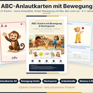 K&ouml;nnte beinhalten: Ein Set aus 37 ABC-Anlautkarten mit Bewegungs&uuml;bungen und Nachspurvorlagen. Die Karten zeigen Illustrationen wie einen Affen, Gro&szlig;- und Kleinbuchstaben sowie Anleitungen f&uuml;r Kinder, um spielerisch das Alphabet und die Schreibweise zu erlernen.