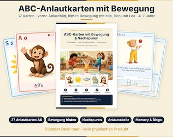 May include: A set of 37 educational alphabet cards featuring illustrations of animals and objects, including a monkey labeled 'Affe'. The cards display uppercase and lowercase letters, movement instructions, and tracing exercises for children to learn the alphabet.