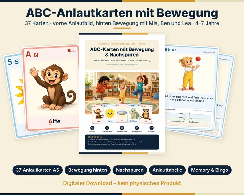 K&ouml;nnte beinhalten: Ein Set aus 37 ABC-Anlautkarten mit Bewegungs&uuml;bungen und Nachspurvorlagen. Die Karten zeigen Illustrationen wie einen Affen, Gro&szlig;- und Kleinbuchstaben sowie Anleitungen f&uuml;r Kinder, um spielerisch das Alphabet und die Schreibweise zu erlernen.