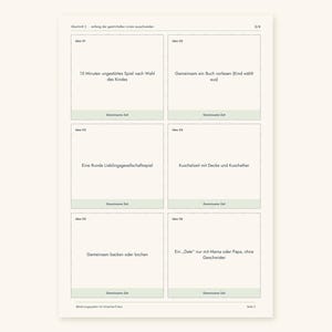 May include: A white printable sheet featuring six rectangular cards with dashed borders, each labeled with an idea number and the text Gemeinsame Zeit. The cards contain German text listing activities like playing, reading, games, and cooking.