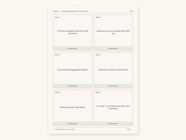 May include: A white printable sheet featuring six rectangular cards with dashed borders, each labeled with an idea number and the text Gemeinsame Zeit. The cards contain German text listing activities like playing, reading, games, and cooking.