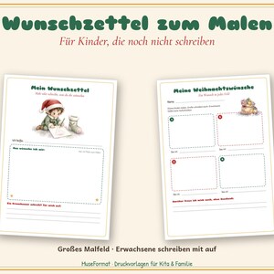 May include: Two printable wish list templates for children featuring German text. The left sheet shows an elf drawing and space for a wish. The right sheet has four numbered boxes for Christmas wishes and a name line. Both pages have decorative borders.