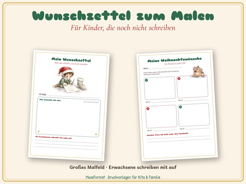 May include: Two printable wish list templates for children featuring German text. The left sheet shows an elf drawing and space for a wish. The right sheet has four numbered boxes for Christmas wishes and a name line. Both pages have decorative borders.