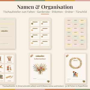 May include: A collection of printable organisational templates featuring the text Namen & Organisation. The sheets include labels, name tags, and classroom signs with floral and school supply illustrations in soft, muted pastel colour tones.