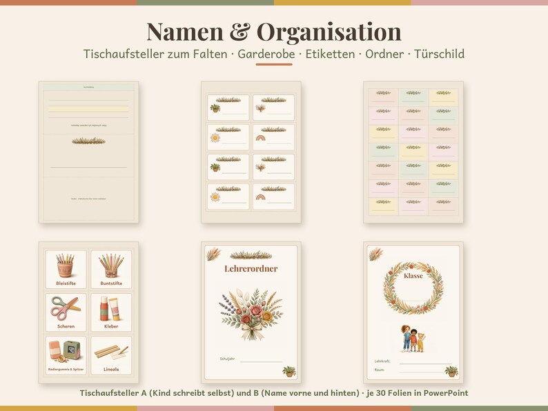 May include: A collection of printable organisational templates featuring the text Namen & Organisation. The sheets include labels, name tags, and classroom signs with floral and school supply illustrations in soft, muted pastel colour tones.
