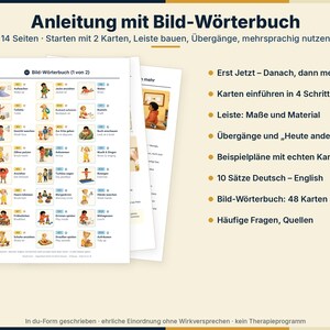Peut inclure: Un guide p&eacute;dagogique de 14 pages intitul&eacute; Anleitung mit Bild-W&ouml;rterbuch pr&eacute;sentant un dictionnaire visuel bilingue allemand et anglais. Le document comprend 48 cartes illustr&eacute;es d&eacute;crivant des routines quotidiennes et des plans d'exemple.
