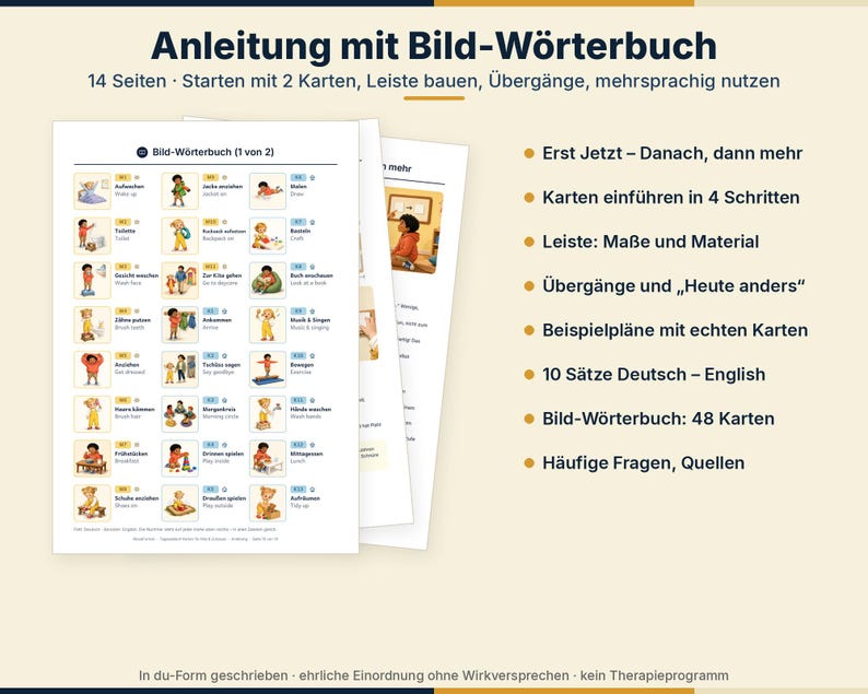 Peut inclure: Un guide p&eacute;dagogique de 14 pages intitul&eacute; Anleitung mit Bild-W&ouml;rterbuch pr&eacute;sentant un dictionnaire visuel bilingue allemand et anglais. Le document comprend 48 cartes illustr&eacute;es d&eacute;crivant des routines quotidiennes et des plans d'exemple.