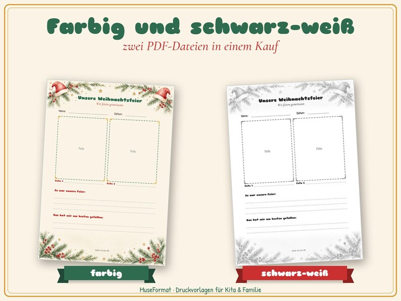 May include: Two printable activity sheets for a Christmas party, one in color and one in black and white. Each sheet features the text "Unsere Weihnachtsfeier" and "Wir feiern gemeinsam," with spaces for names, dates, and two photos, plus lined sections for writing about the celebration.