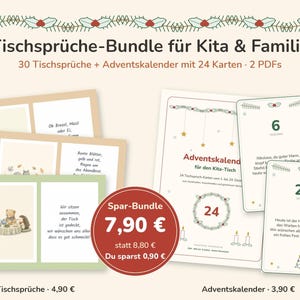 May include: A digital bundle featuring 30 mealtime prayer cards and an advent calendar with 24 cards. The cards display illustrations of animals, festive greenery, and German text. The set includes two PDF files for printing, with a red circular badge.