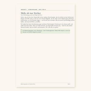 May include: A white informational document page titled Mehr als nur Sticker, featuring German text about a reward system for parents. The page includes a header with section and page numbers, a highlighted green text box, and a footer with text.
