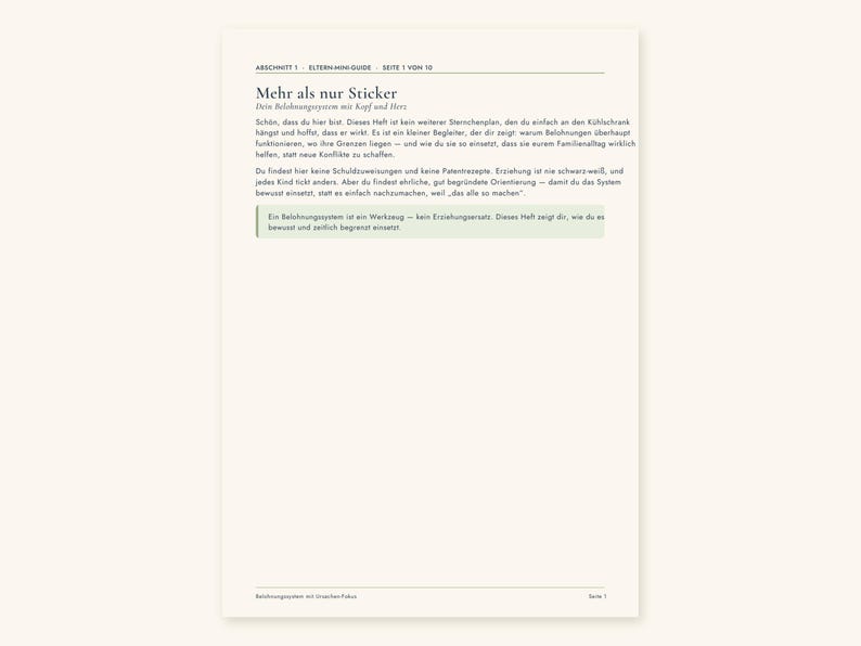 May include: A white informational document page titled Mehr als nur Sticker, featuring German text about a reward system for parents. The page includes a header with section and page numbers, a highlighted green text box, and a footer with text.