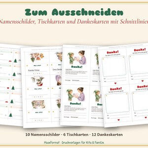 May include: A printable sheet set titled Zum Ausschneiden featuring name tags, place cards, and thank you cards with cut lines. The pages include illustrations of Christmas trees, children, and text in German for school and family use.