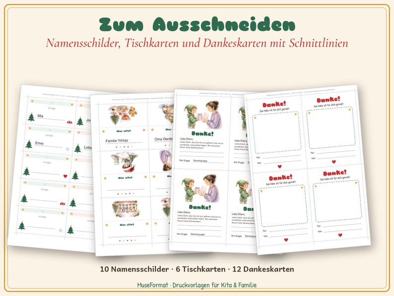 May include: A printable sheet set titled Zum Ausschneiden featuring name tags, place cards, and thank you cards with cut lines. The pages include illustrations of Christmas trees, children, and text in German for school and family use.