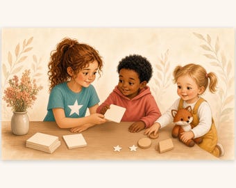 May include: Three children sit at a wooden table with a stack of square cards, a small vase of flowers, and wooden shapes including stars, a circle, and a rhombus. One child holds a plush fox toy while another holds a blank square card.