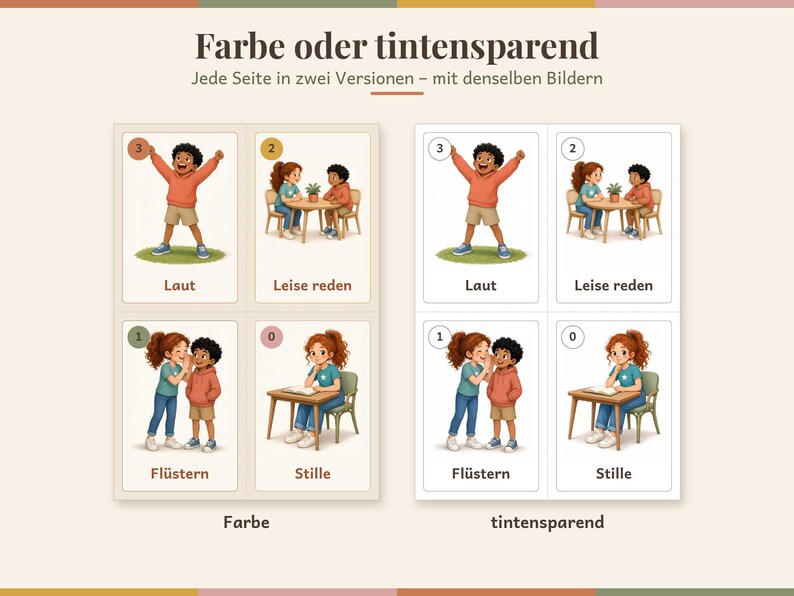 May include: A set of educational cards titled Farbe oder tintensparend, featuring illustrations of children in various social scenarios labelled Laut, Leise reden, Fl&uuml;stern, and Stille. The cards are presented in both full-colour and ink-saving versions.