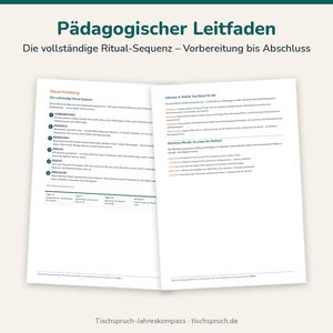 May include: An open educational guide titled P&auml;dagogischer Leitfaden, featuring the subtitle Die vollst&auml;ndige Ritual-Sequenz &ndash; Vorbereitung bis Abschluss. The document contains structured text, numbered lists, and instructional content regarding ritual sequences, printed on white paper.