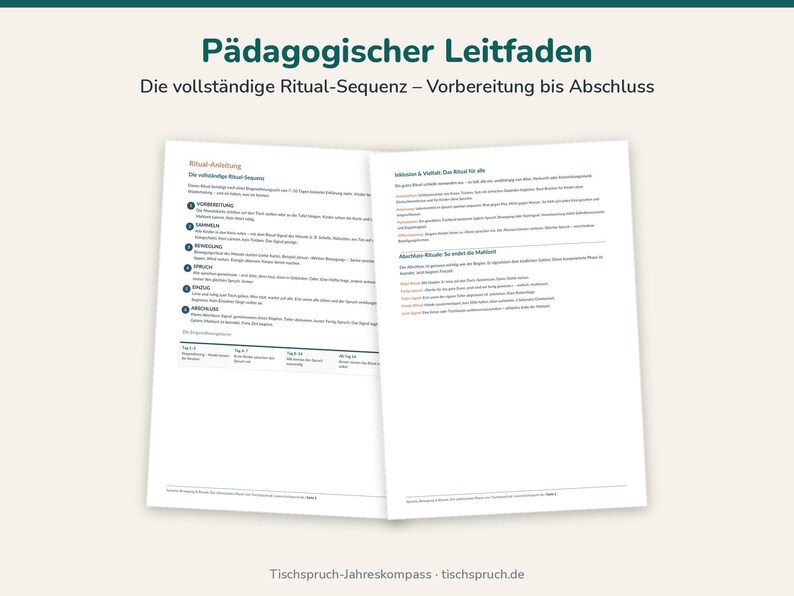 May include: An open educational guide titled P&auml;dagogischer Leitfaden, featuring the subtitle Die vollst&auml;ndige Ritual-Sequenz &ndash; Vorbereitung bis Abschluss. The document contains structured text, numbered lists, and instructional content regarding ritual sequences, printed on white paper.