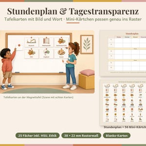 May include: A classroom visual schedule set titled Stundenplan & Tagestransparenz featuring a magnetic board with illustrated subject cards, a blank weekly schedule grid, and a sheet of 56 small subject cards measuring 38 x 22 mm each.