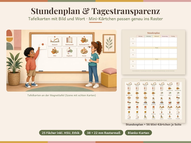 May include: A classroom visual schedule set titled Stundenplan & Tagestransparenz featuring a magnetic board with illustrated subject cards, a blank weekly schedule grid, and a sheet of 56 small subject cards measuring 38 x 22 mm each.