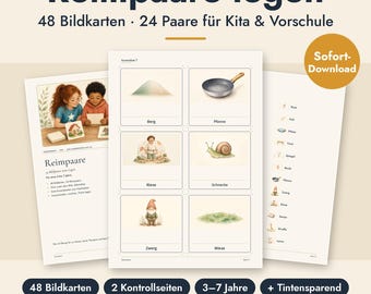 May include: A digital educational set titled Reimpaare legen featuring 48 picture cards and 24 pairs for children. The printable PDF includes illustrations of a mountain, pan, giant, snail, dwarf, and meadow with corresponding German text labels.