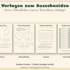 May include: A set of five printable craft templates featuring outlines for stars, snowflakes, paper lanterns, and wish chains. The pages include instructional text in German, with clear black line drawings on a light beige background.