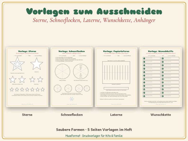 May include: A set of five printable craft templates featuring outlines for stars, snowflakes, paper lanterns, and wish chains. The pages include instructional text in German, with clear black line drawings on a light beige background.