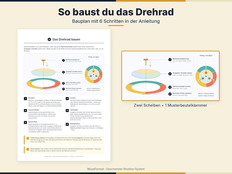 May include: An instructional guide titled So baust du das Drehrad featuring a six-step process for assembling a rotating wheel. The document includes diagrams showing two circular discs connected by a brass fastener, with text in German throughout.