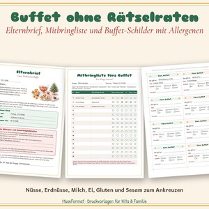 May include: A set of printable documents titled Buffet ohne R&auml;tselraten, including a parent letter, a potluck sign-up sheet, and buffet labels with allergen checkboxes for nuts, peanuts, milk, eggs, gluten, and sesame.