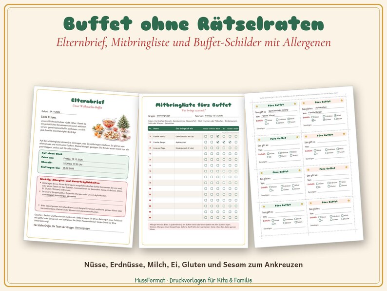 May include: A set of printable documents titled Buffet ohne R&auml;tselraten, including a parent letter, a potluck sign-up sheet, and buffet labels with allergen checkboxes for nuts, peanuts, milk, eggs, gluten, and sesame.