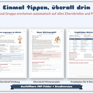 Op de afbeelding: Drie digitale sjablonen voor kinderopvangcommunicatie, inclusief een checklist voor winterkleding, een aankondiging voor een winterproject en een projectplan voor acht weken. Elk document bevat invulbare velden, selectievakjes en koppen in het Duits.