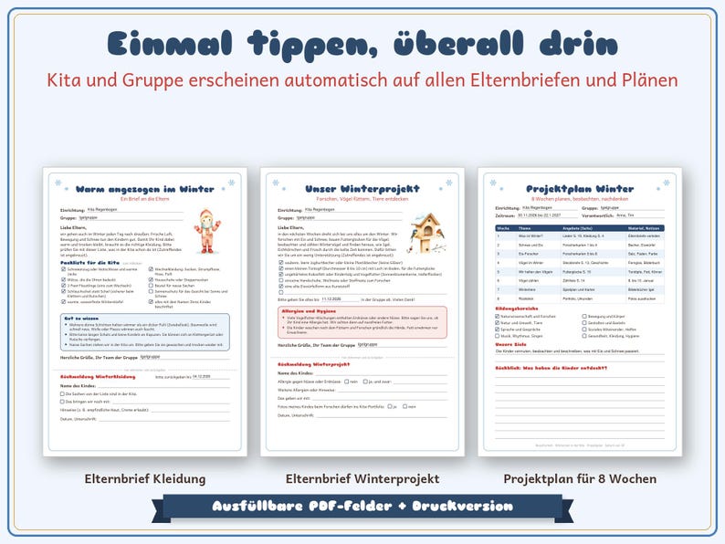 Op de afbeelding: Drie digitale sjablonen voor kinderopvangcommunicatie, inclusief een checklist voor winterkleding, een aankondiging voor een winterproject en een projectplan voor acht weken. Elk document bevat invulbare velden, selectievakjes en koppen in het Duits.