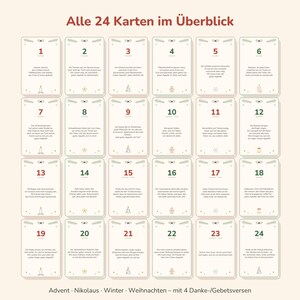 May include: A set of 24 rectangular cards arranged in a grid, titled Alle 24 Karten im &Uuml;berblick. Each card features a number from 1 to 24, German text, and small holiday-themed icons like candles, stars, trees, gingerbread men, and snowflakes.