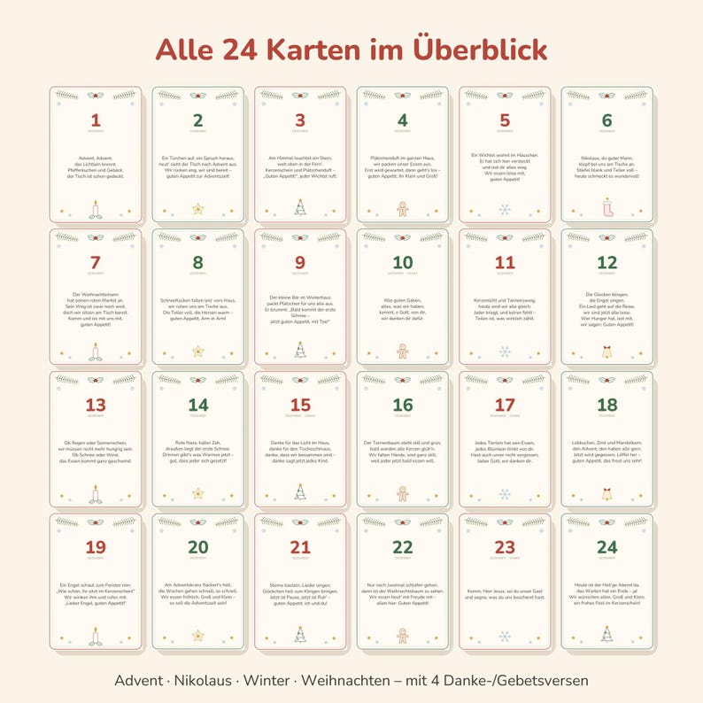 May include: A set of 24 rectangular cards arranged in a grid, titled Alle 24 Karten im &Uuml;berblick. Each card features a number from 1 to 24, German text, and small holiday-themed icons like candles, stars, trees, gingerbread men, and snowflakes.