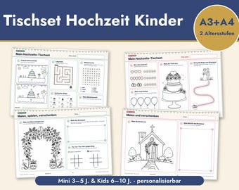 May include: Four white activity sheets for children with black line art illustrations, including mazes, word searches, and coloring sections. The text includes 'Tischset Hochzeit Kinder', 'A3+A4', '2 Altersstufen', 'Mein Hochzeits-Tischset', 'Malen, spielen, verschenken', 'Malen und verschenken', and 'Mini 3-5 J. & Kids 6-10 J. personalisierbar'.