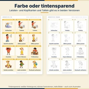 Peut inclure: Deux ensembles de cartes rectangulaires illustrant des routines quotidiennes. L'ensemble de gauche pr&eacute;sente des images en couleur, tandis que celui de droite montre des dessins au trait identiques. Chaque carte comporte des &eacute;tiquettes en allemand.